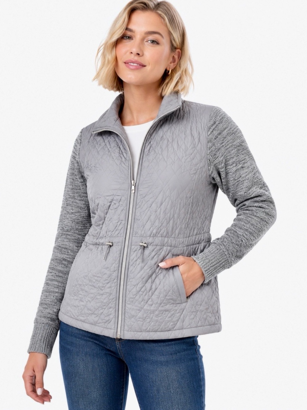 Onque Casuals Gray Quilted Mixed Media Jacket Petite Large Zip Pocket